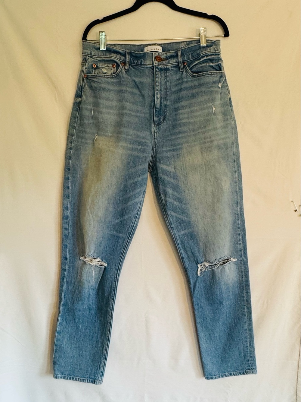 Loft Light Blue Straight-Leg high waist Women's Jeans with Knee Distress